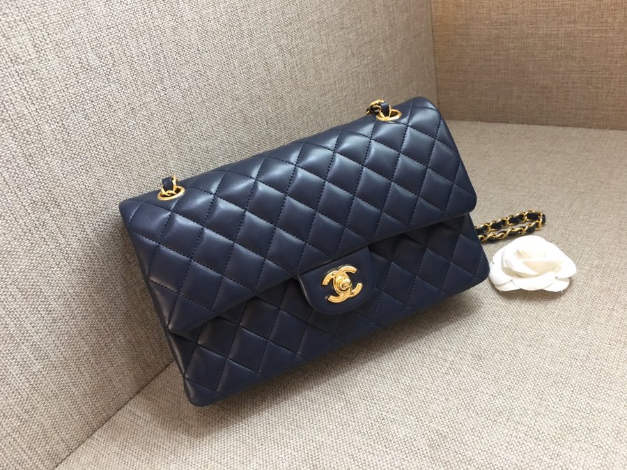 Medium Classic Flap Lambskin Bag AO1112 Dark Blue/Gold